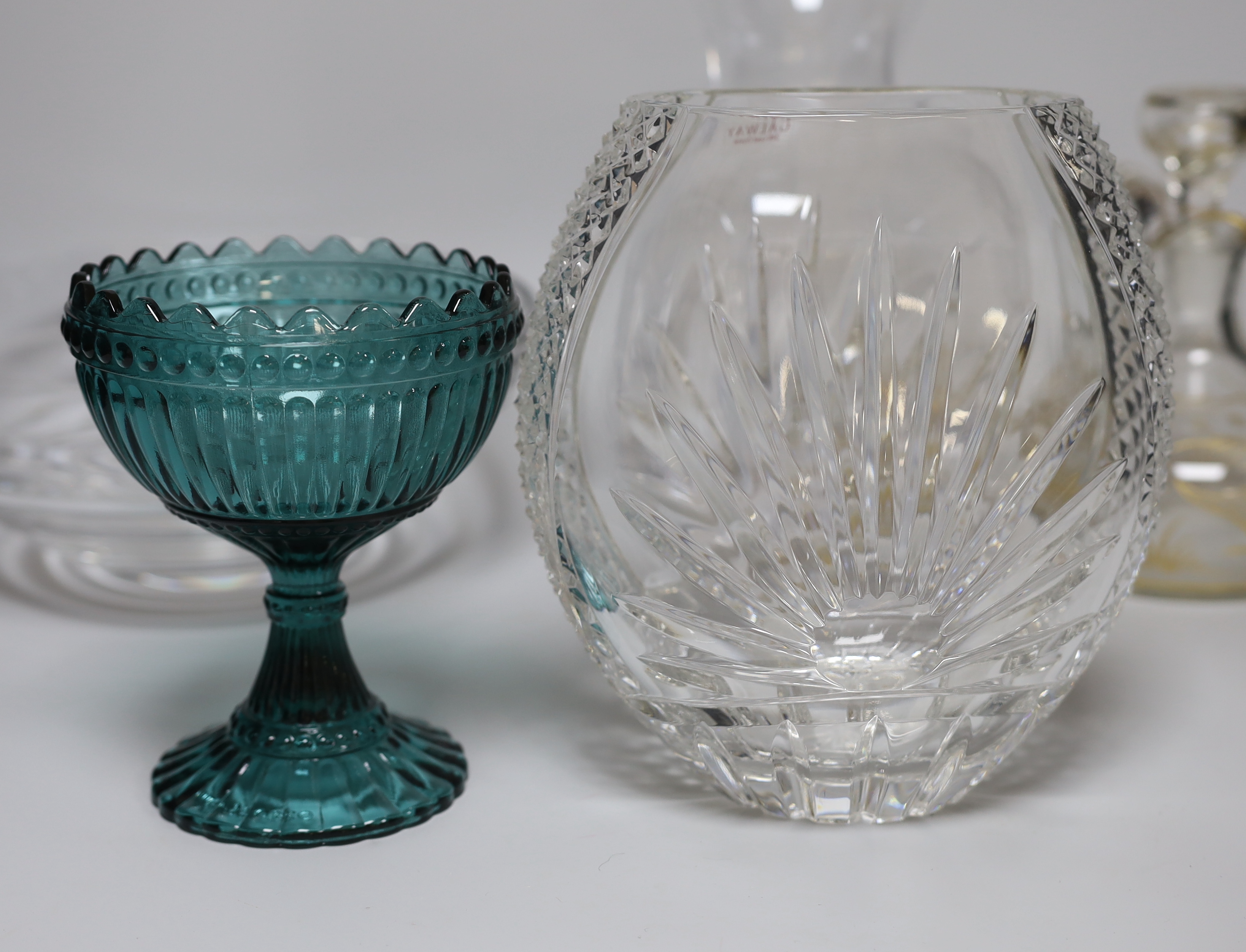 A boxed Tiffany glassvase other glassware and porcelain tea wares, Tiffany vase 23cm high